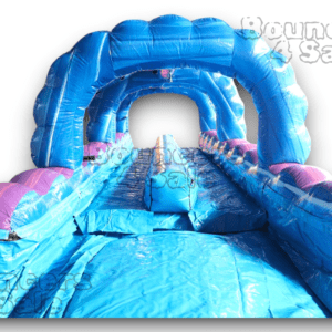 A blue and pink inflatable water slide.