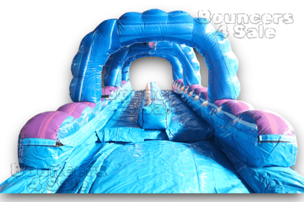 A blue and pink inflatable water slide.